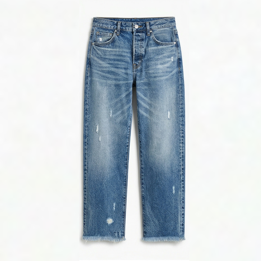 Women's fringed cropped straight leg jeans in classic blue