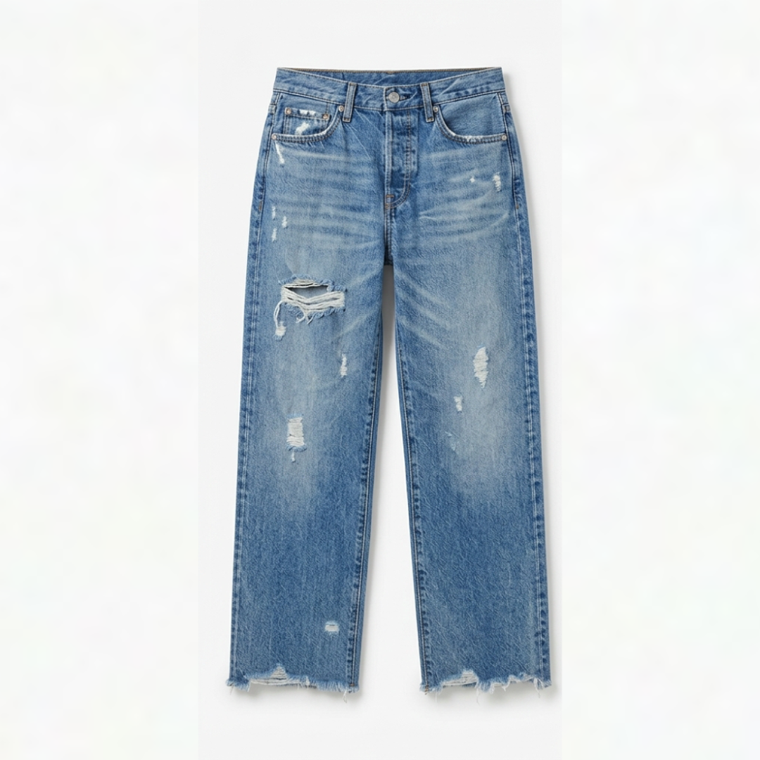 Women's fringed cropped straight leg jeans in medium blue