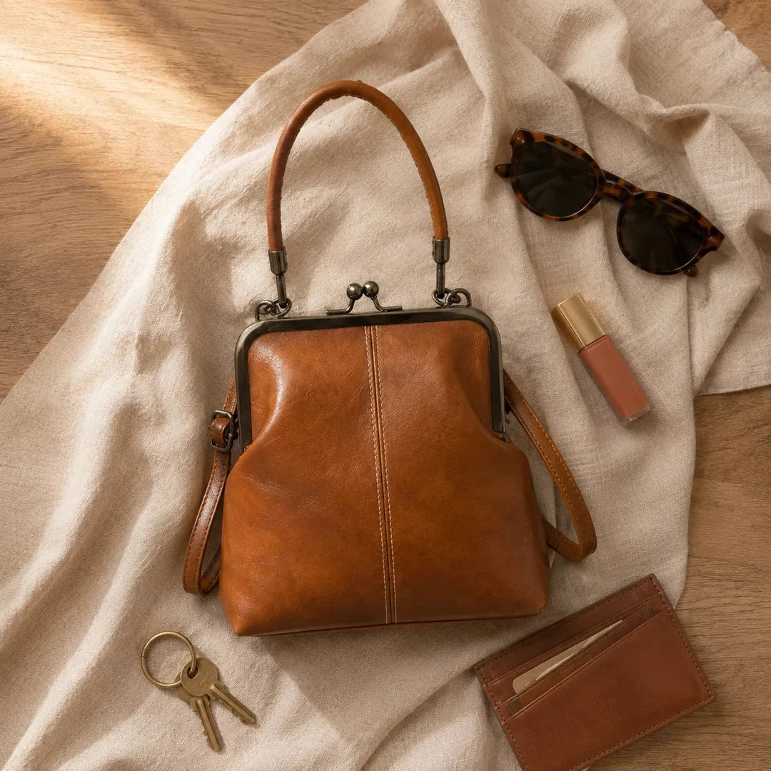 Women's vintage kiss lock crossbody bag with top handle