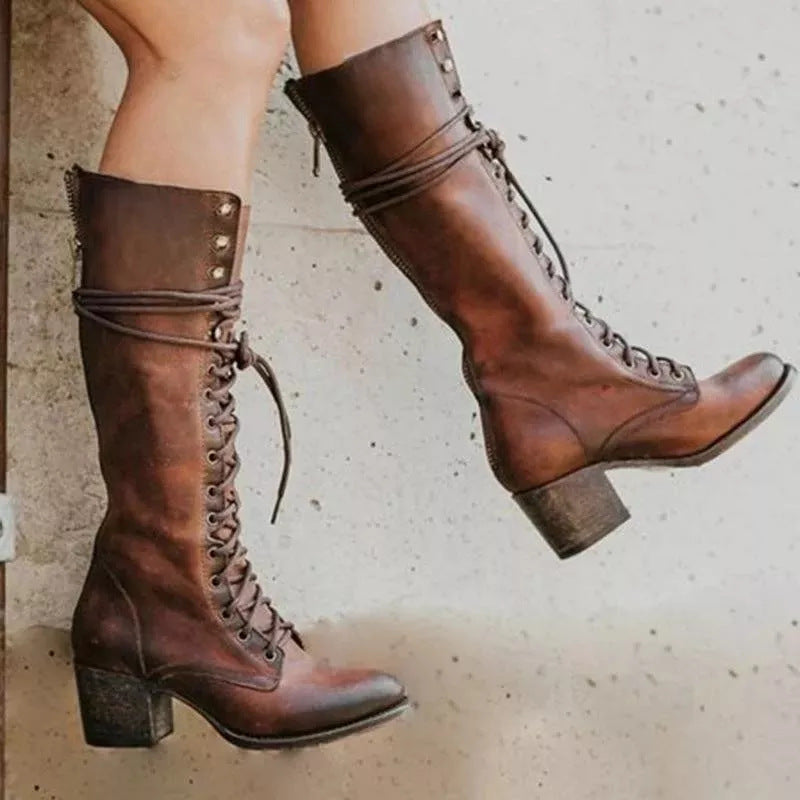 NOA | CHIC LEATHER KNEE BOOTS WITH LACES