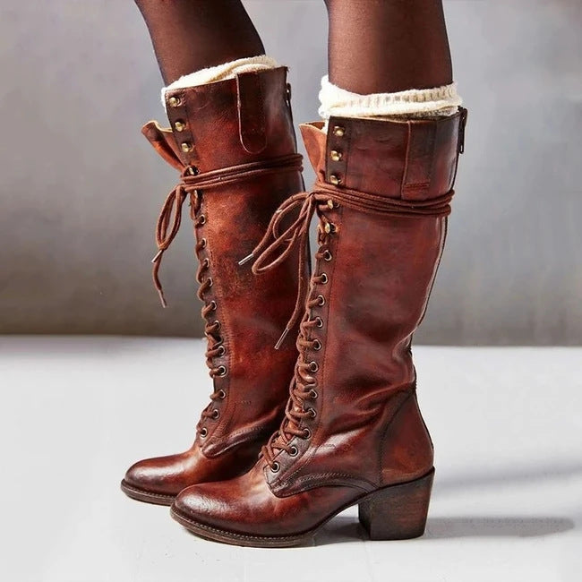 NOA | CHIC LEATHER KNEE BOOTS WITH LACES