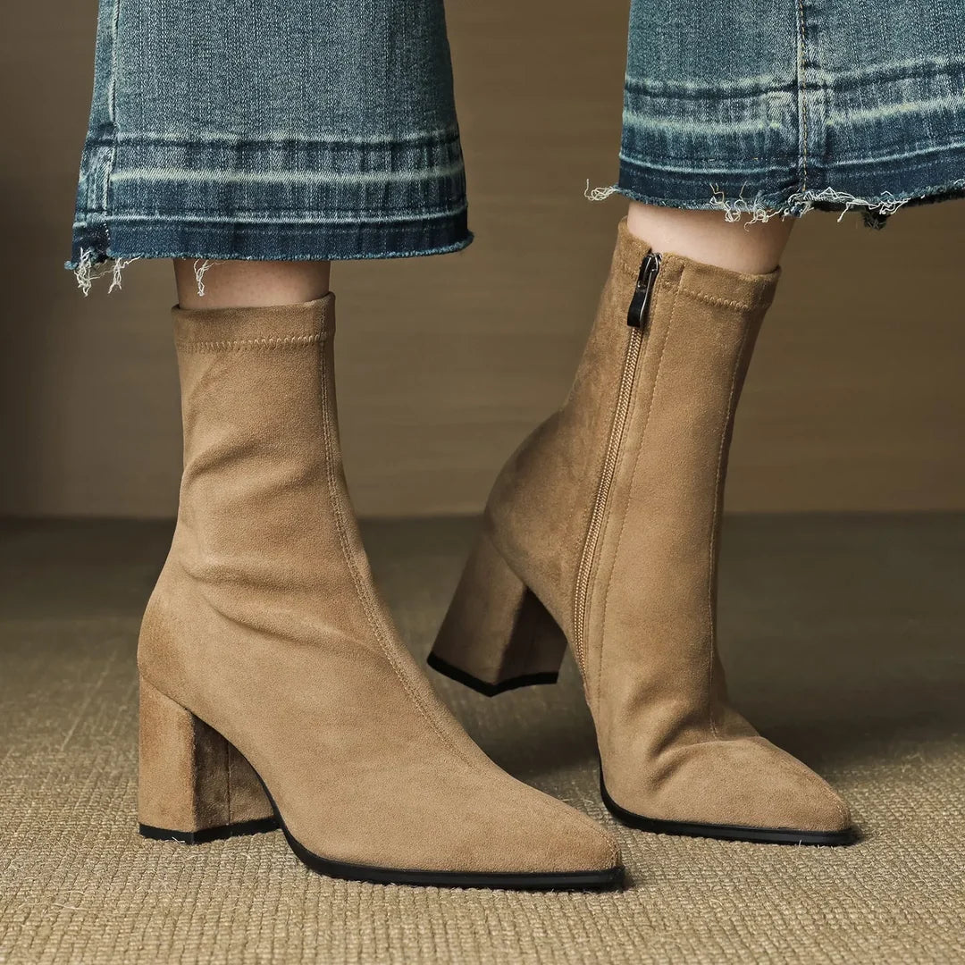 Women's heeled ankle boots in apricot
