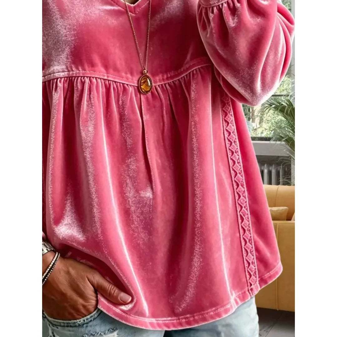 Women's velvet-touch lace detail V-neck blouse