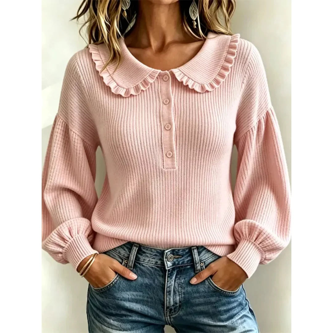Women's ruffle collar ribbed knit jumper with button detail in pink