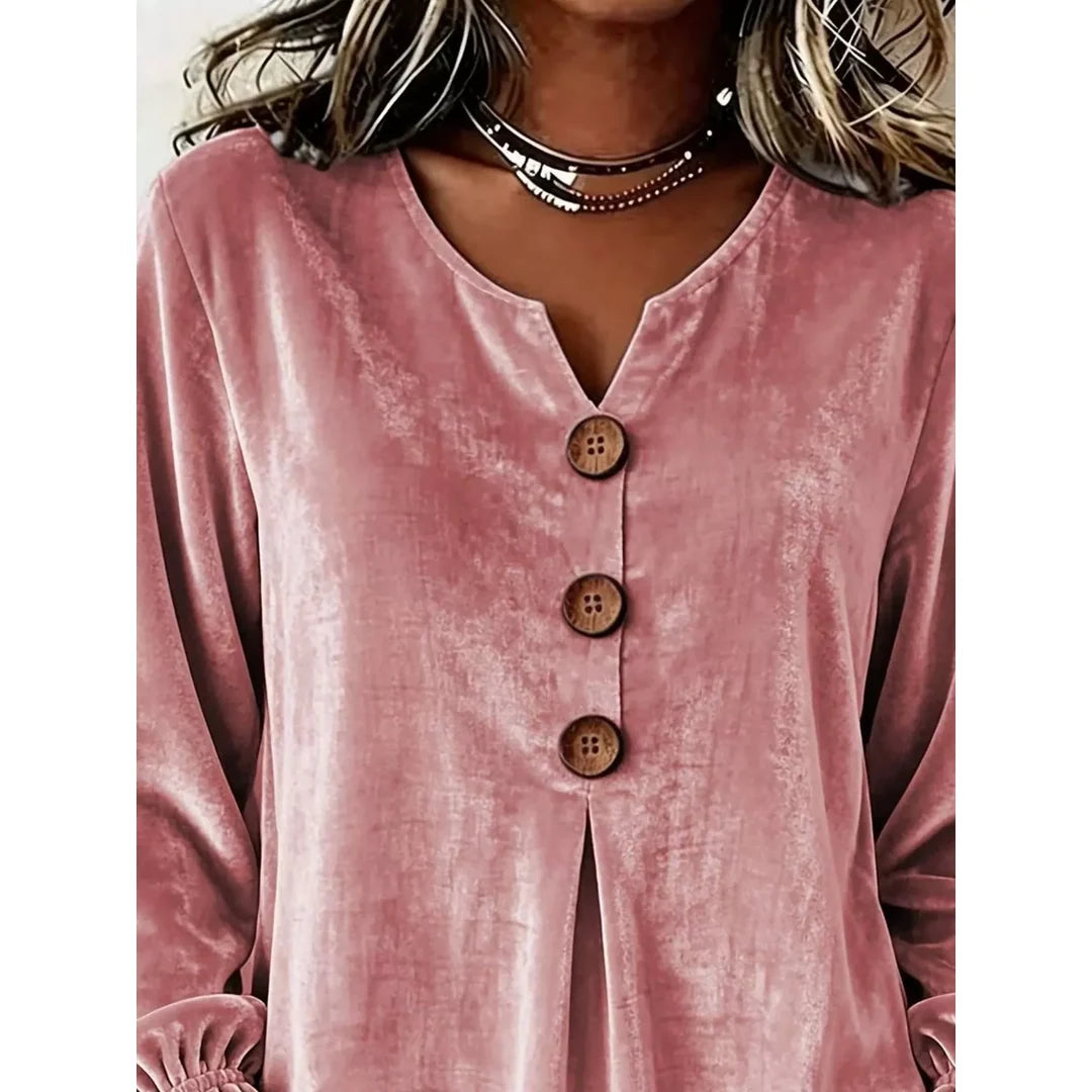Women's velvet-touch button blouse with ruffled cuffs