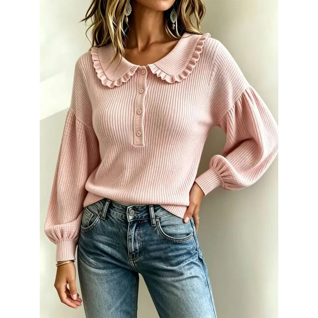 Women's ruffle collar ribbed knit jumper with button detail