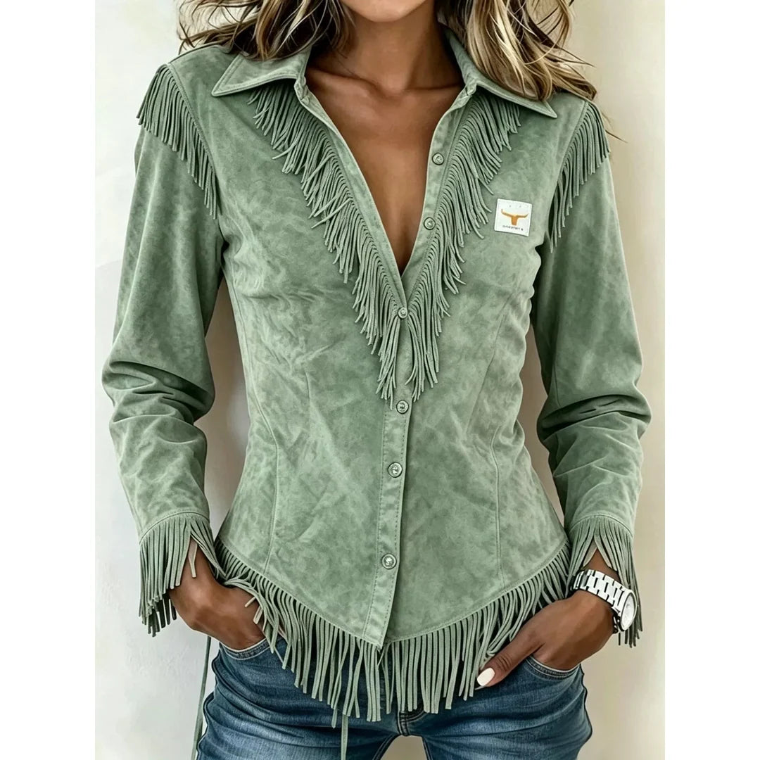 Women's fringe trim collared button-up shirt in light green