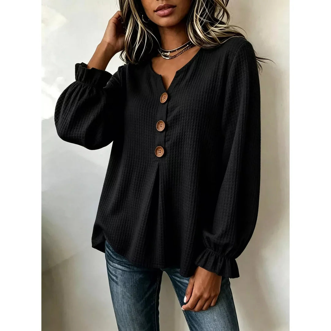 Women's waffle knit long sleeve top with ruffle detail