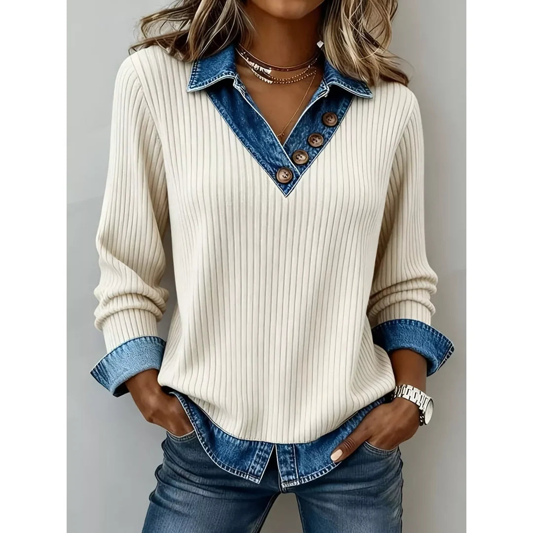 Women's ribbed knit top with denim-look collar in apricot