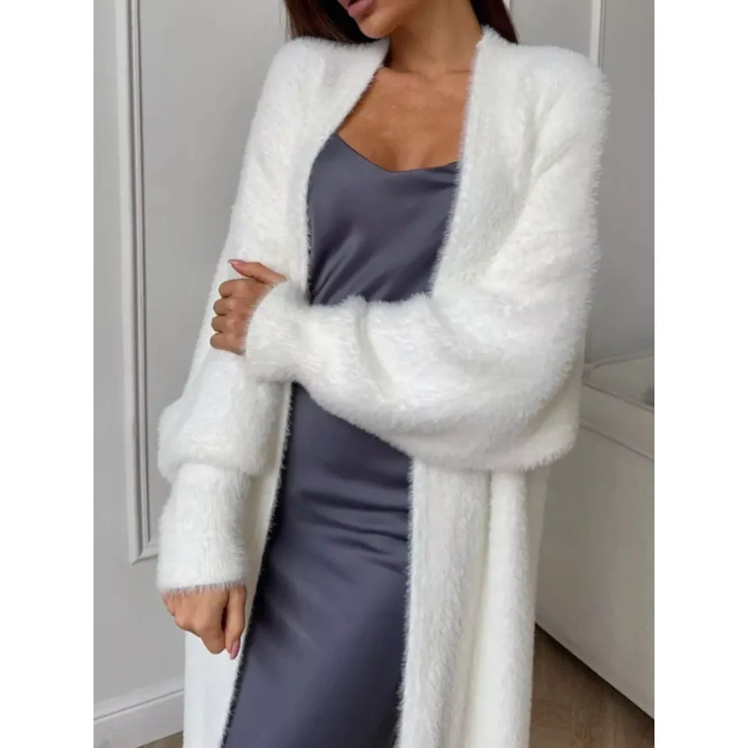 Women's fluffy longline open front cardigan
