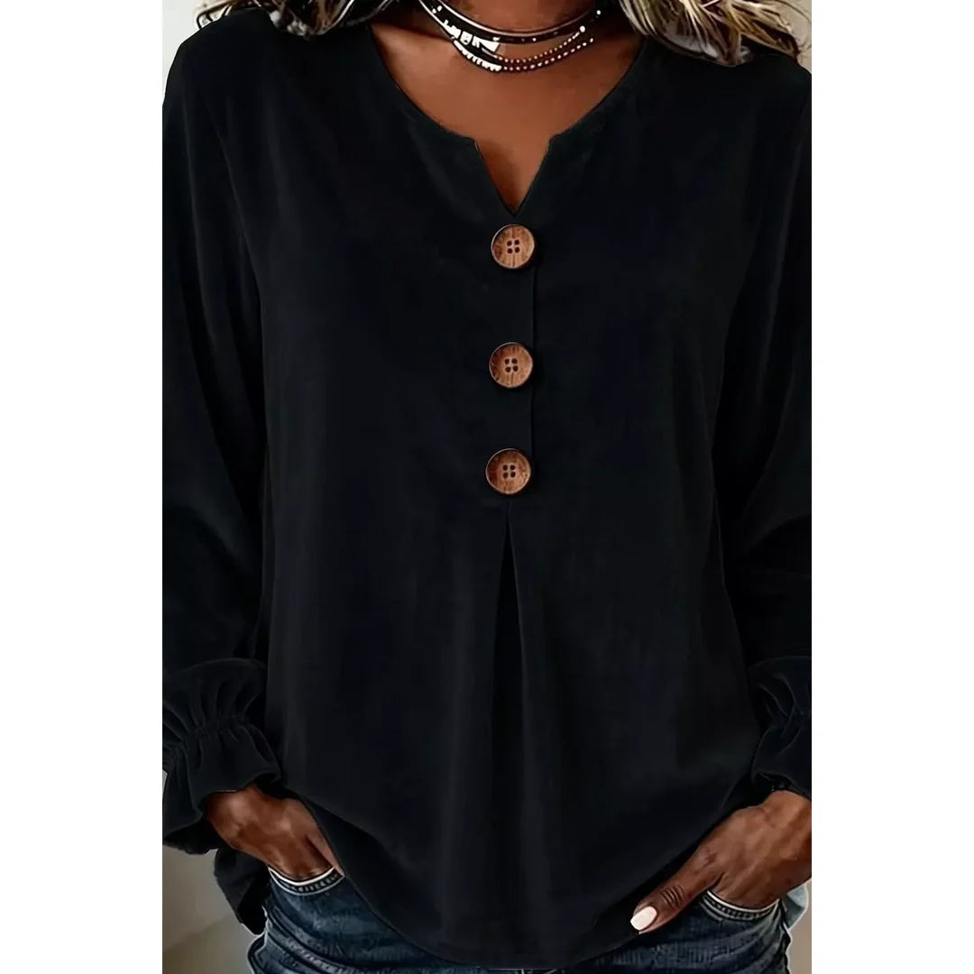 Women's velvet-touch button blouse with ruffled cuffs