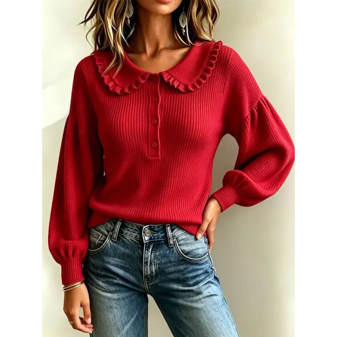 Women's ruffle collar ribbed knit jumper with button detail