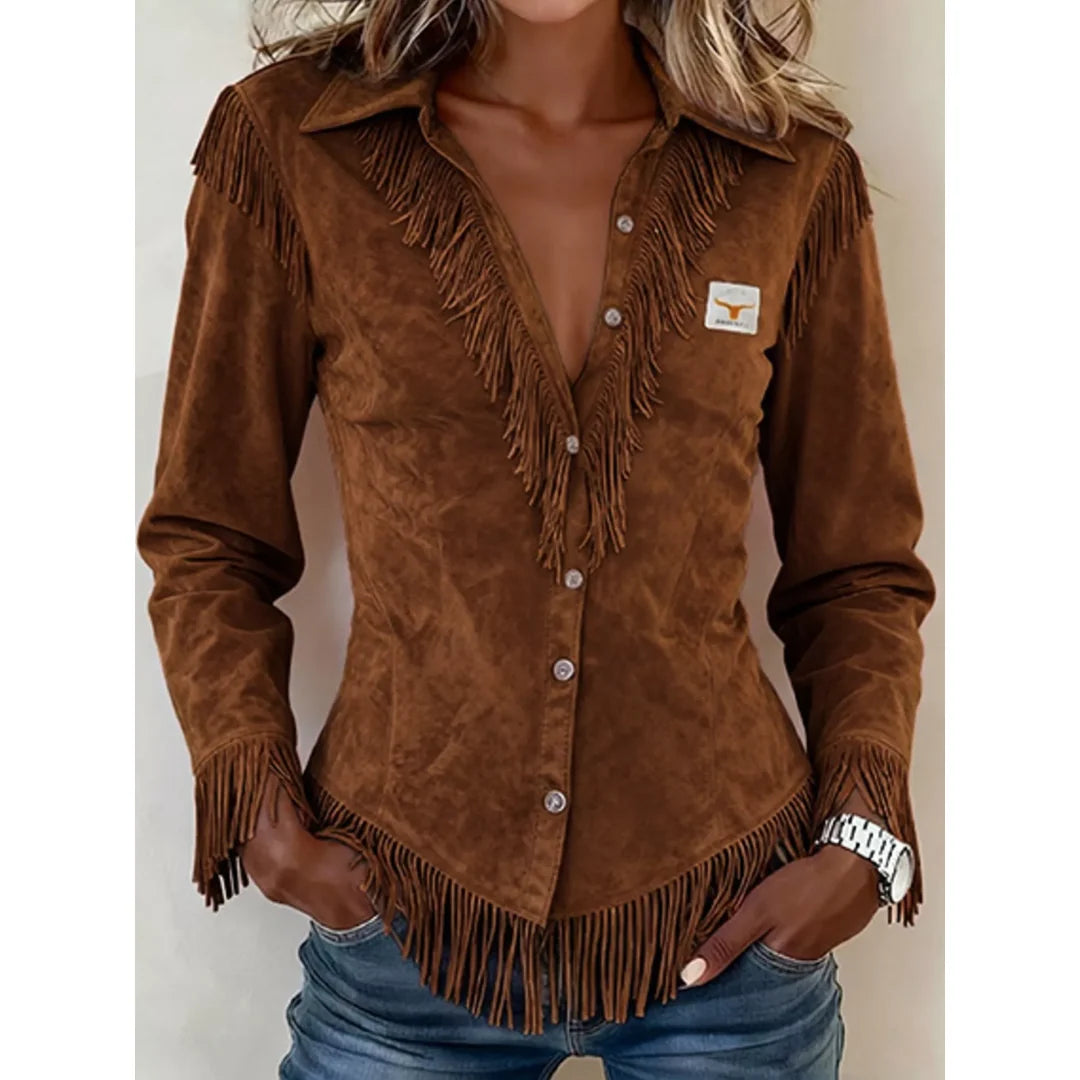 Women's fringe trim collared button-up shirt in dark brown