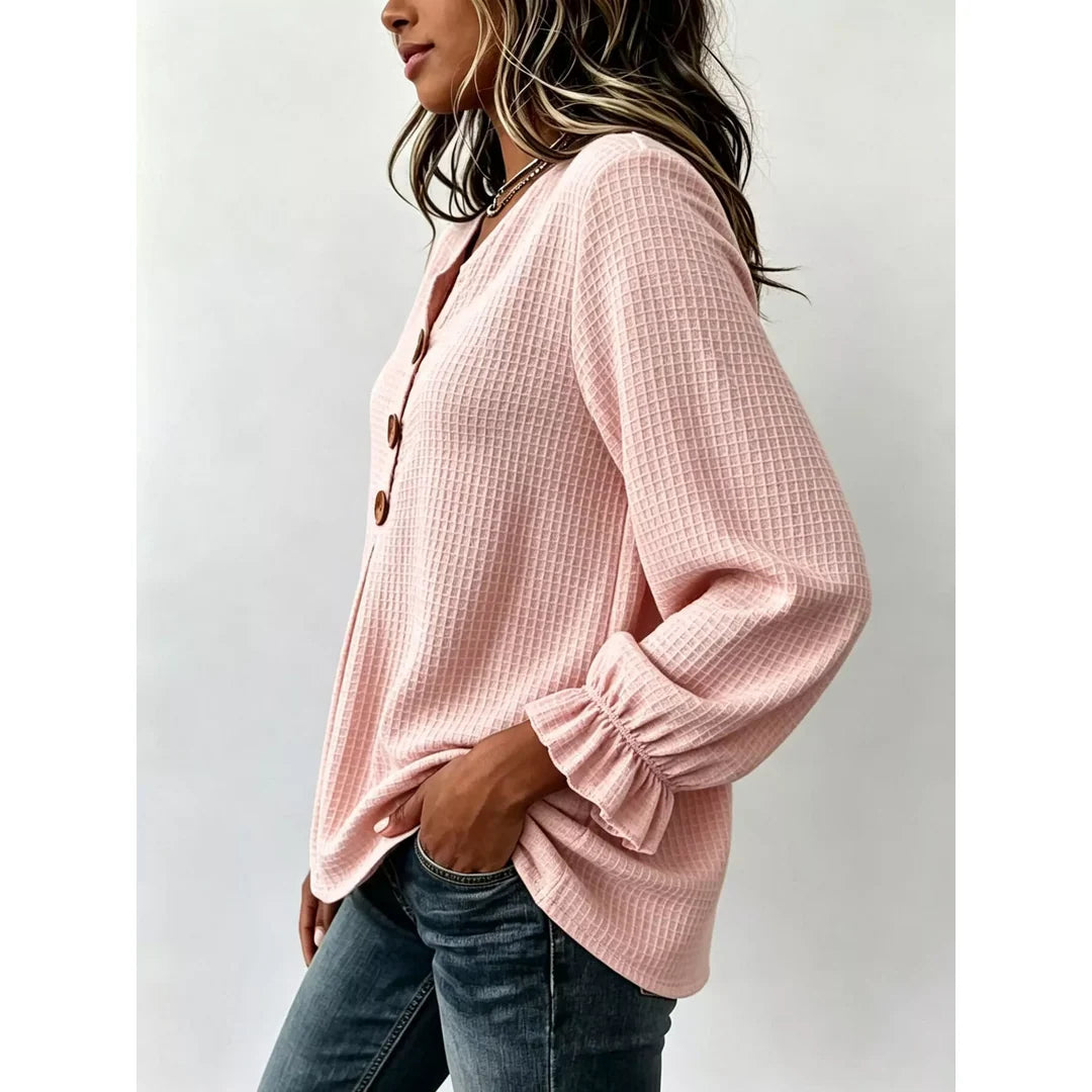 Women's waffle knit long sleeve top with ruffle detail