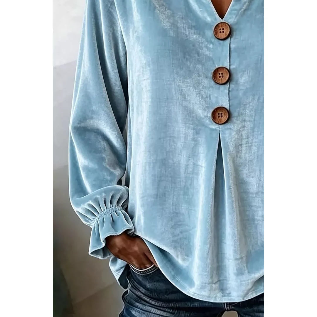 Women's velvet-touch button blouse with ruffled cuffs