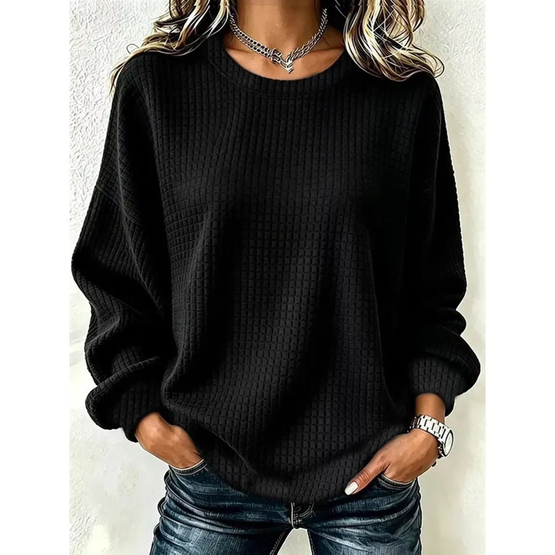 Women's waffle knit crew neck sweatshirt in black