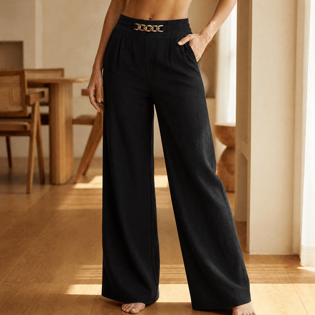 Women's wide leg trousers with gold chain detail in black