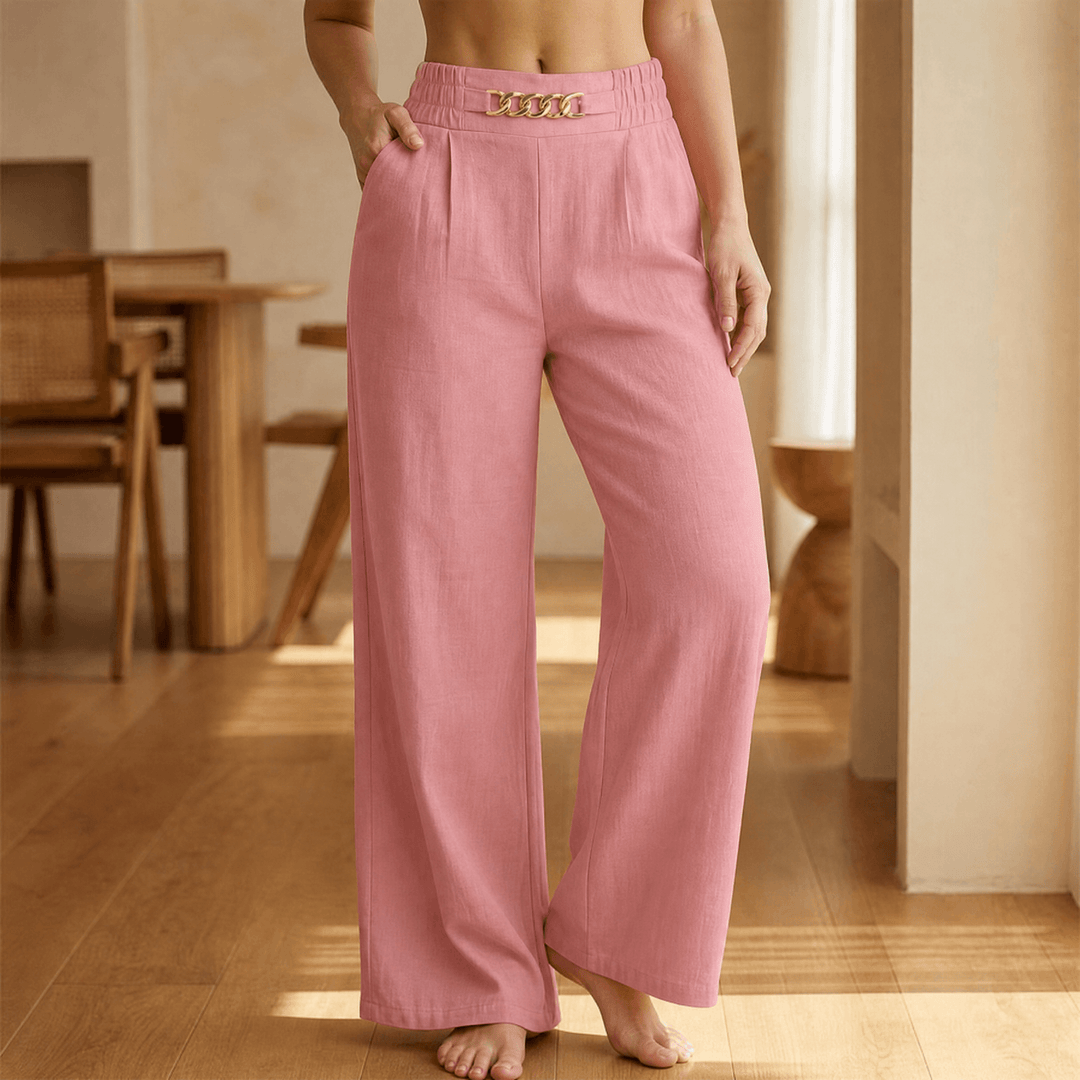 Women's wide leg trousers with gold chain detail in pink
