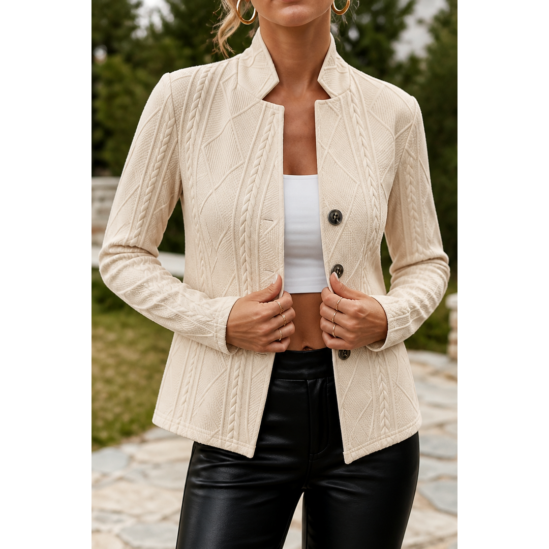 Women's textured knit stand collar blazer in khaki