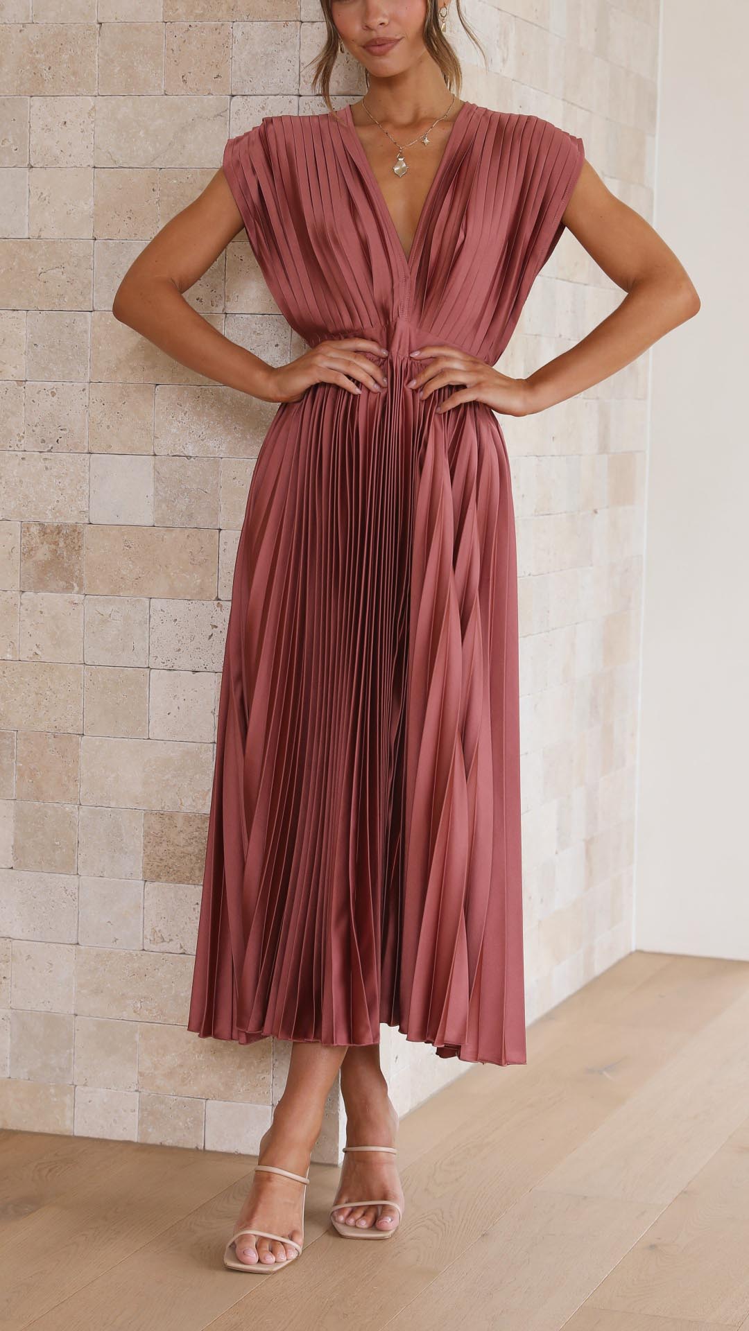 NOA | PLEATED V-NECK MIDI DRESS
