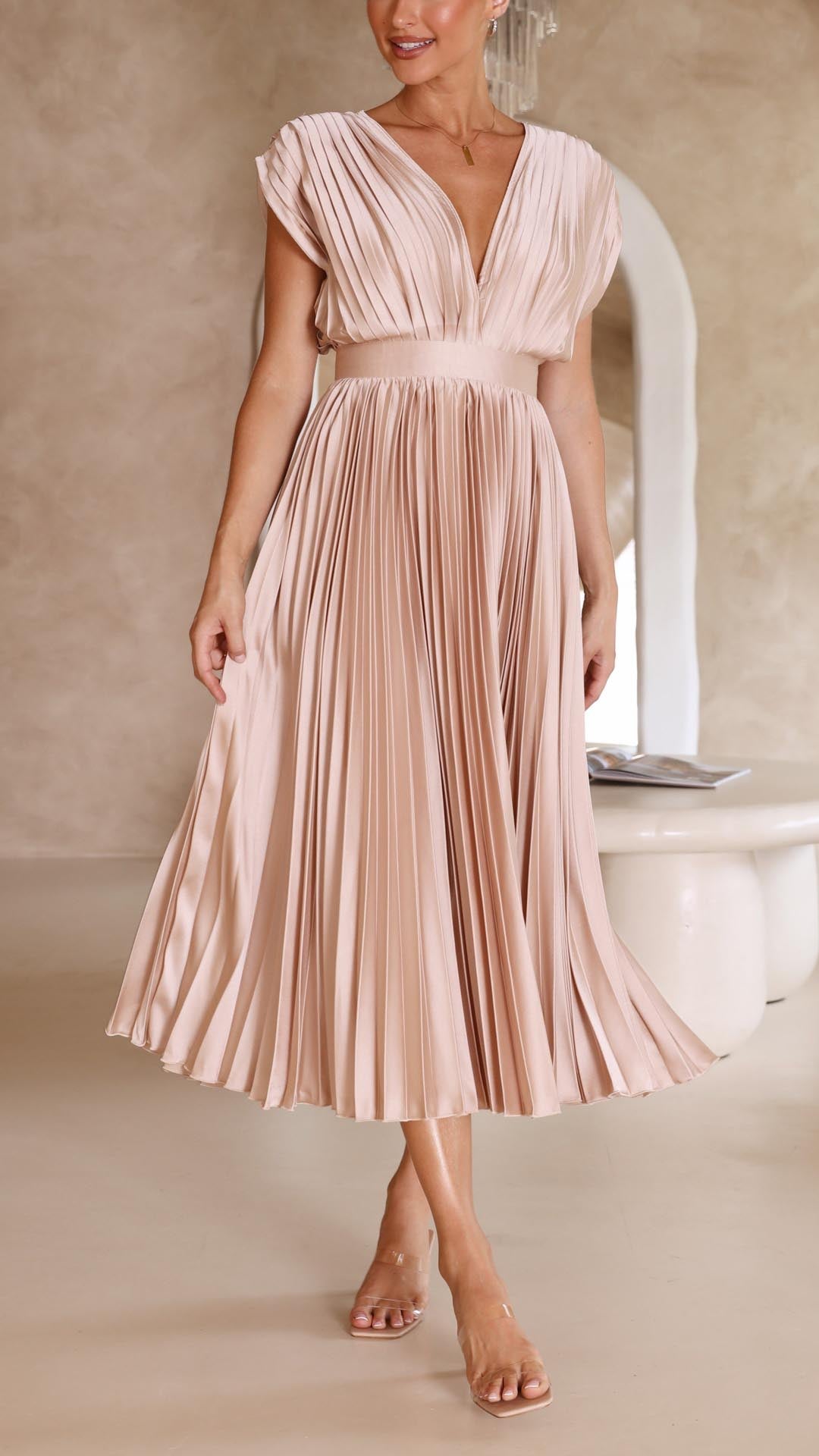 NOA | PLEATED V-NECK MIDI DRESS