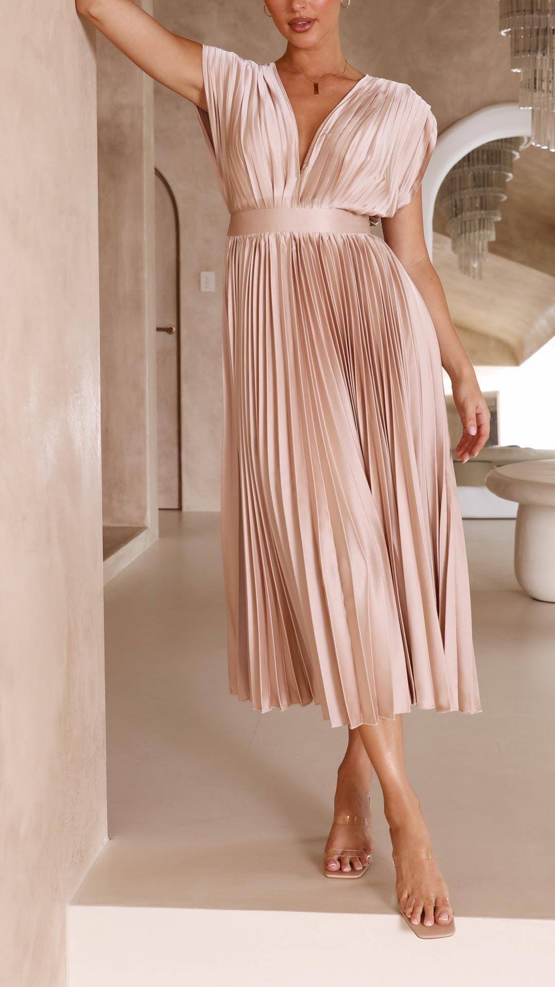 NOA | PLEATED V-NECK MIDI DRESS