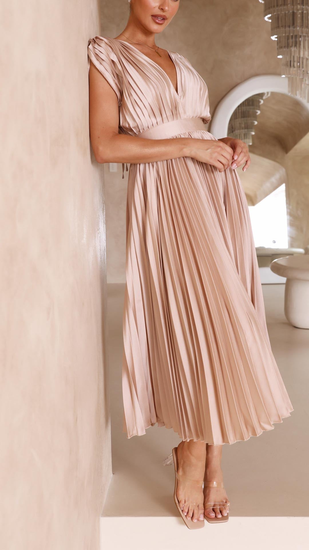NOA | PLEATED V-NECK MIDI DRESS