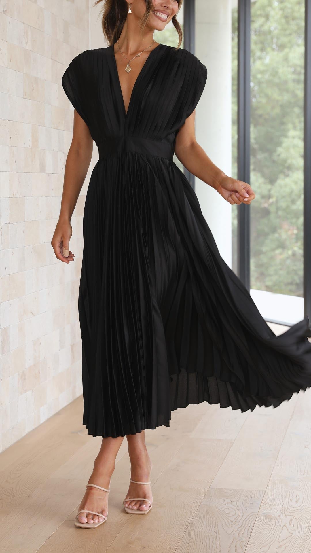 NOA | PLEATED V-NECK MIDI DRESS