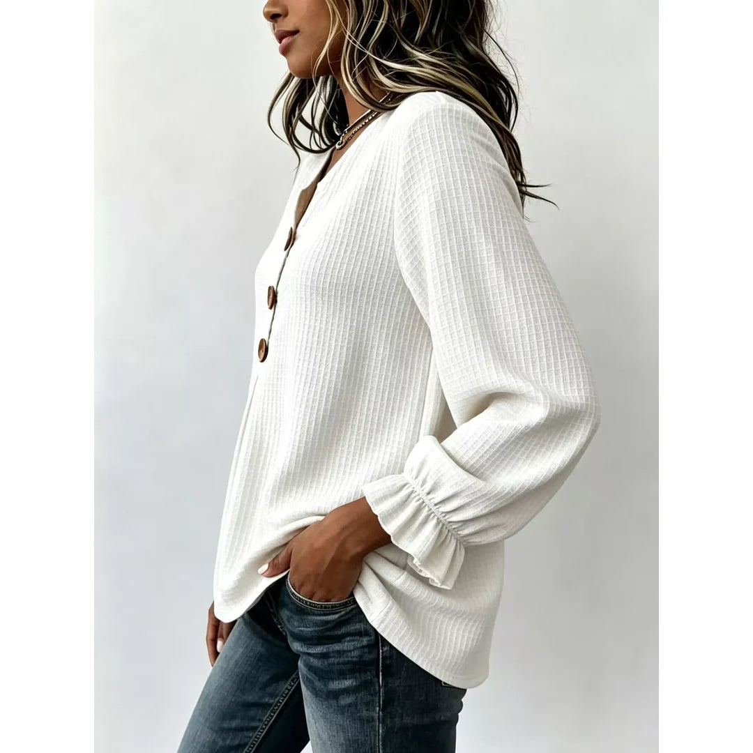 Women's waffle knit long sleeve top with ruffle detail