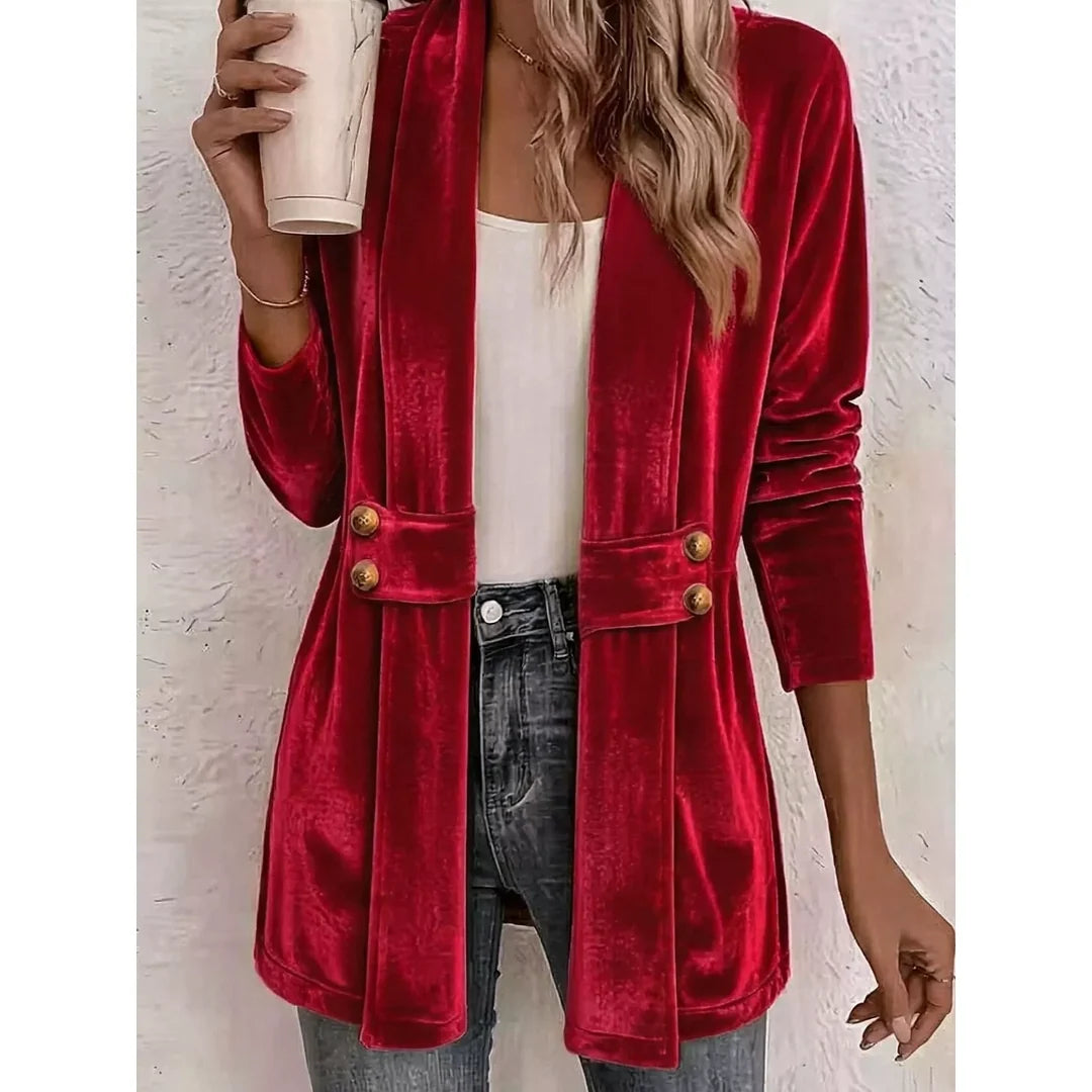 Women's velvet-touch open front cardigan in red