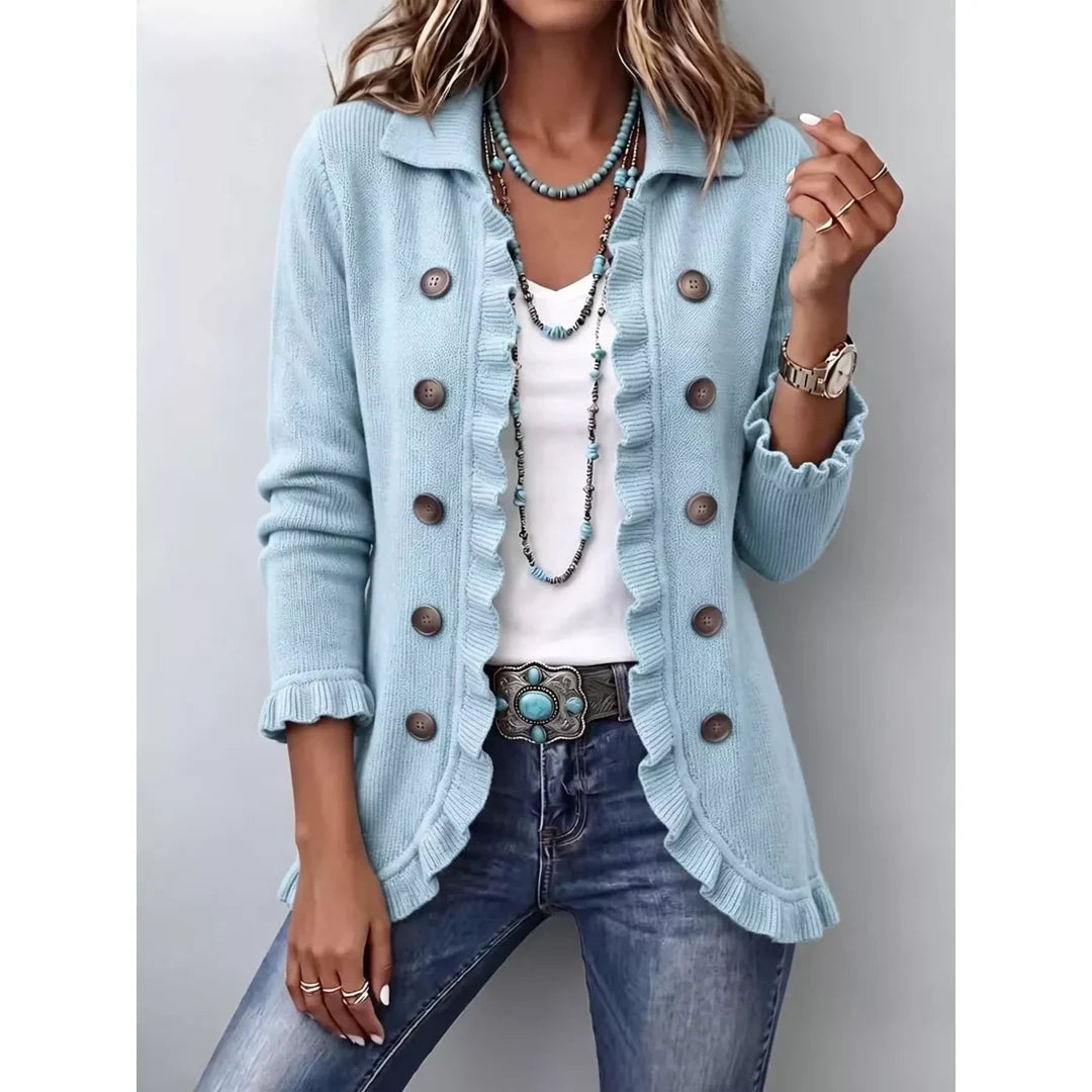 Women's ruffle trim ribbed knit button cardigan in sky blue