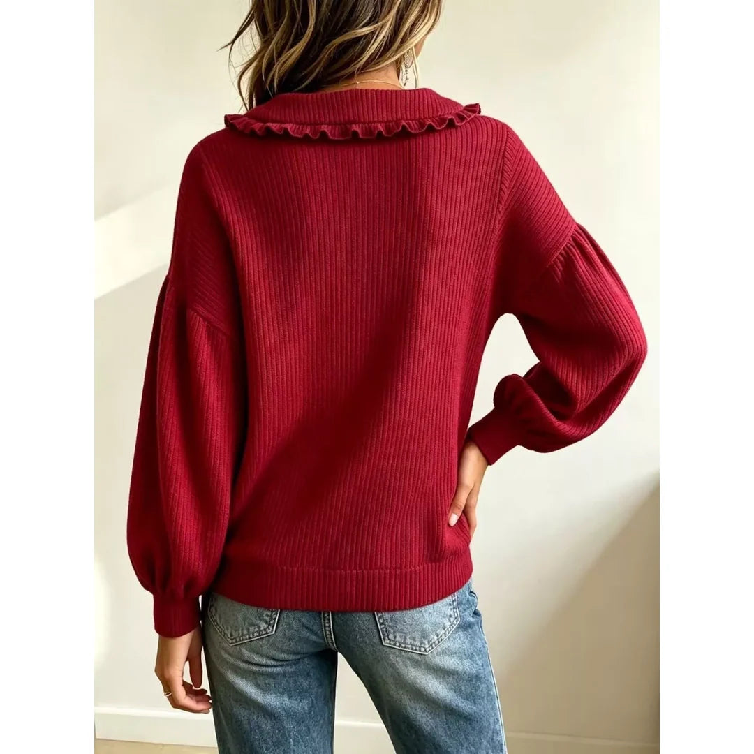 Women's ruffle collar ribbed knit jumper with button detail