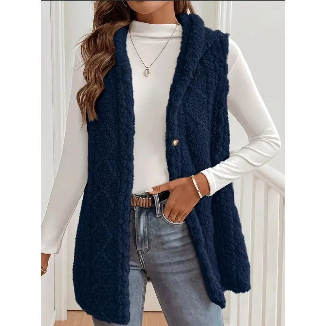 Women's hooded sherpa-look button-up gilet in dark blue