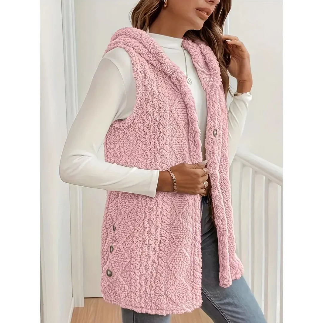 Women's hooded sherpa-look button-up gilet