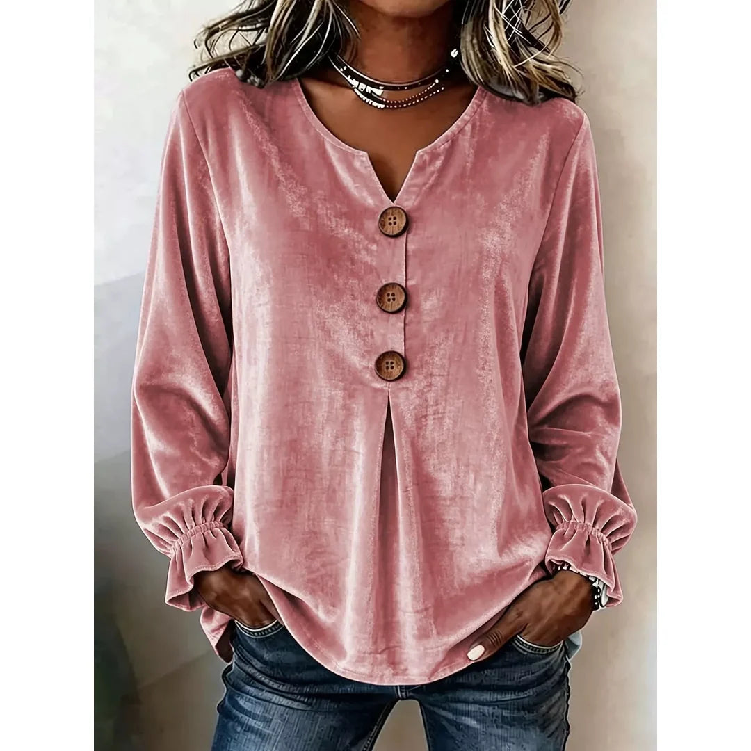 Women's velvet-touch button blouse with ruffled cuffs in dusty pink