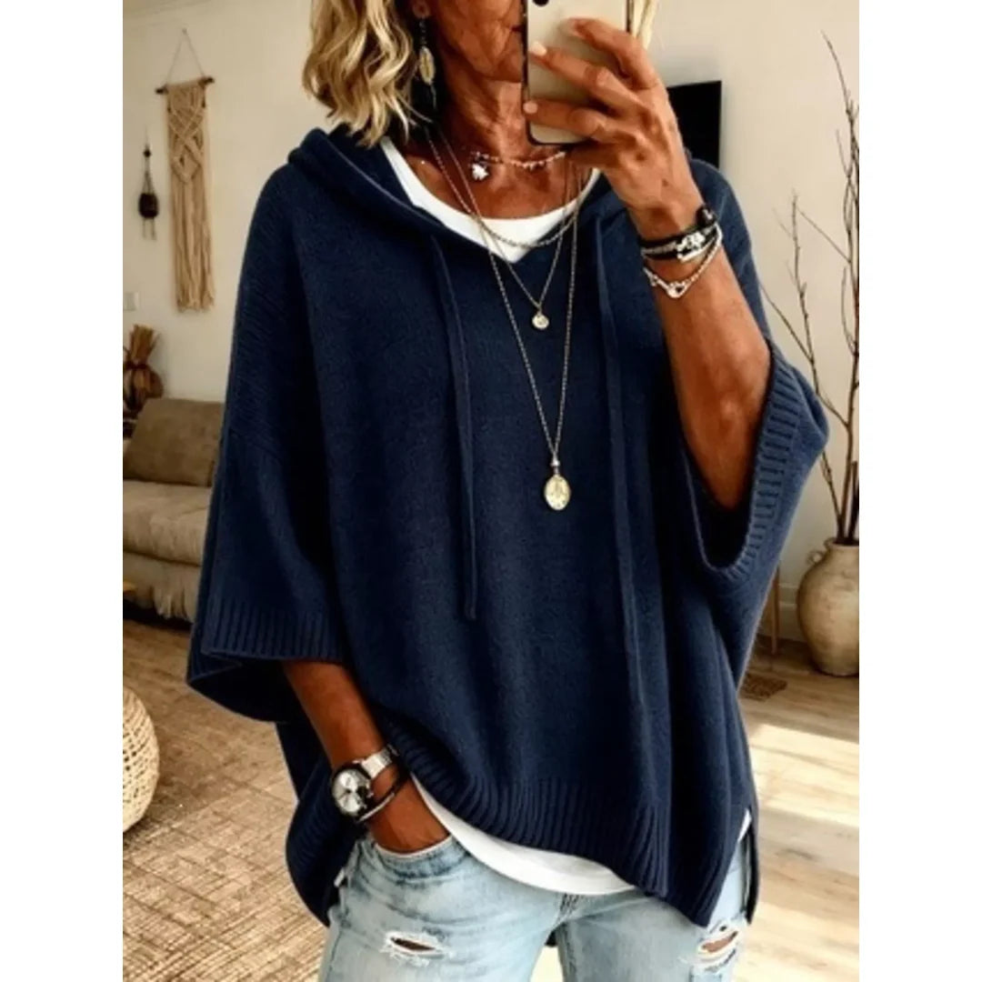 Women's hooded batwing sleeve knit jumper in dark blue