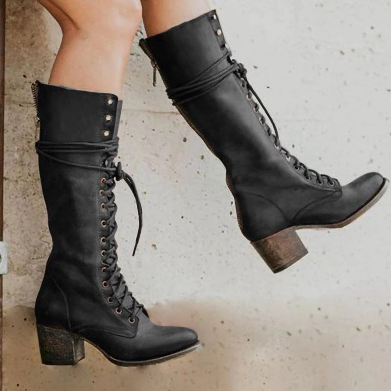NOA | LACE-UP KNEE HIGH BLOCK HEEL BOOTS