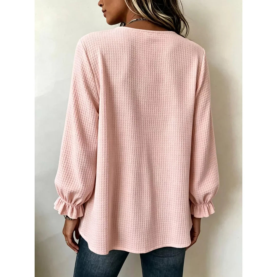 Women's waffle knit long sleeve top with ruffle detail