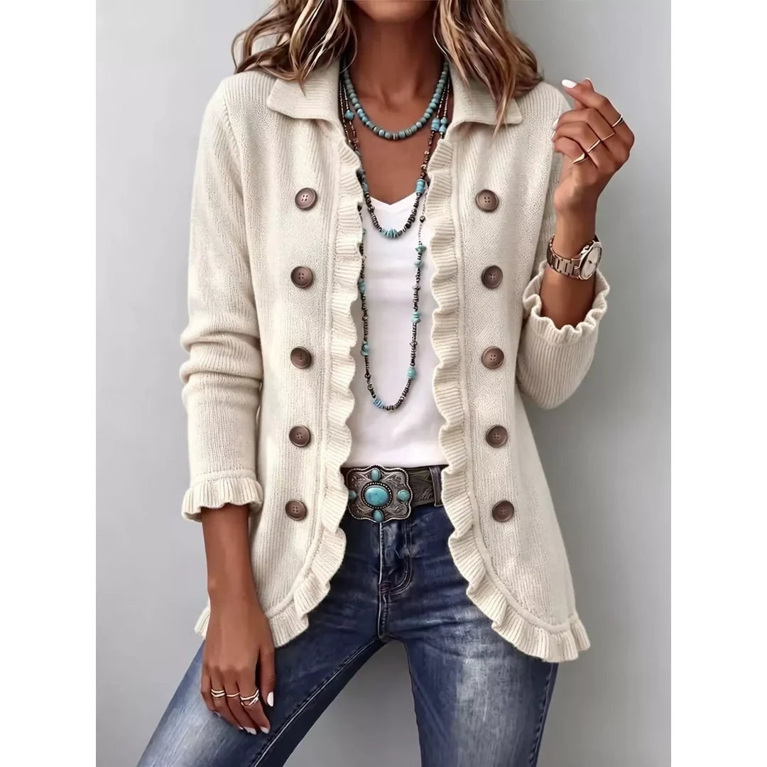 Women's ruffle trim ribbed knit button cardigan in apricot