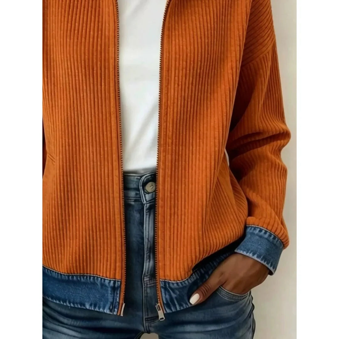 Women's ribbed knit zip jacket with denim-look collar