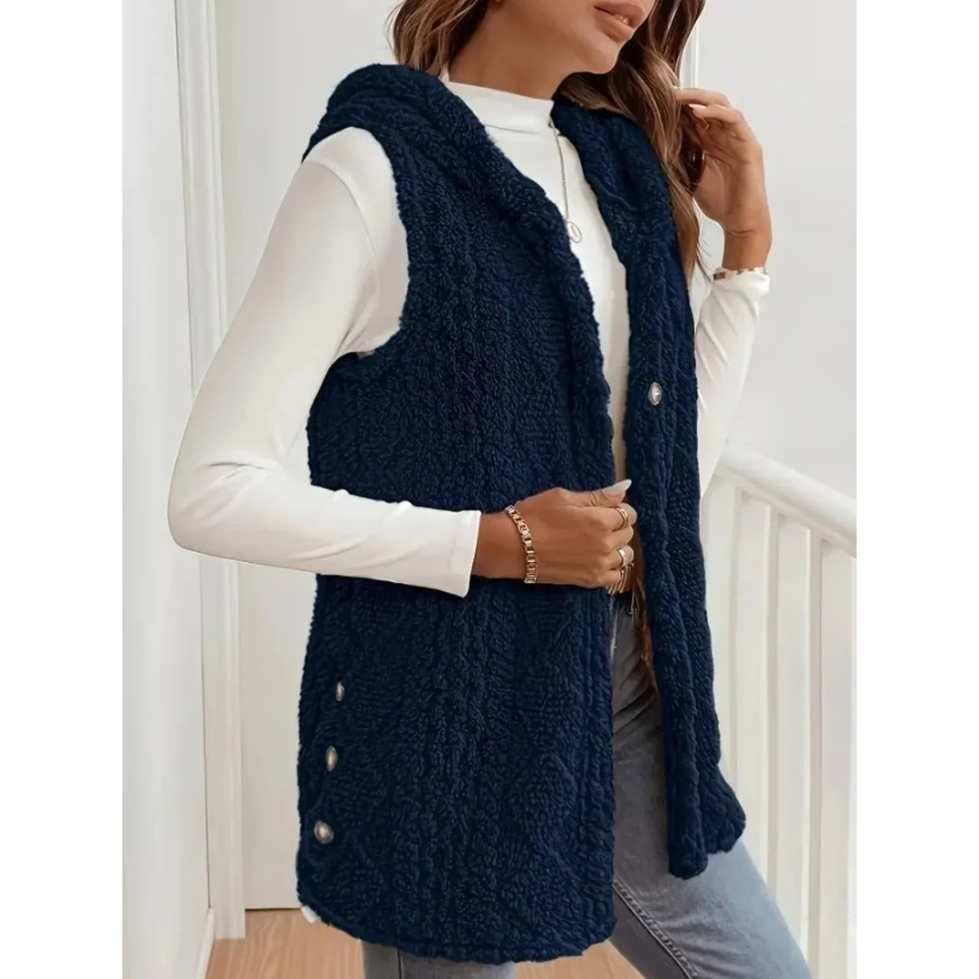 Women's hooded sherpa-look button-up gilet