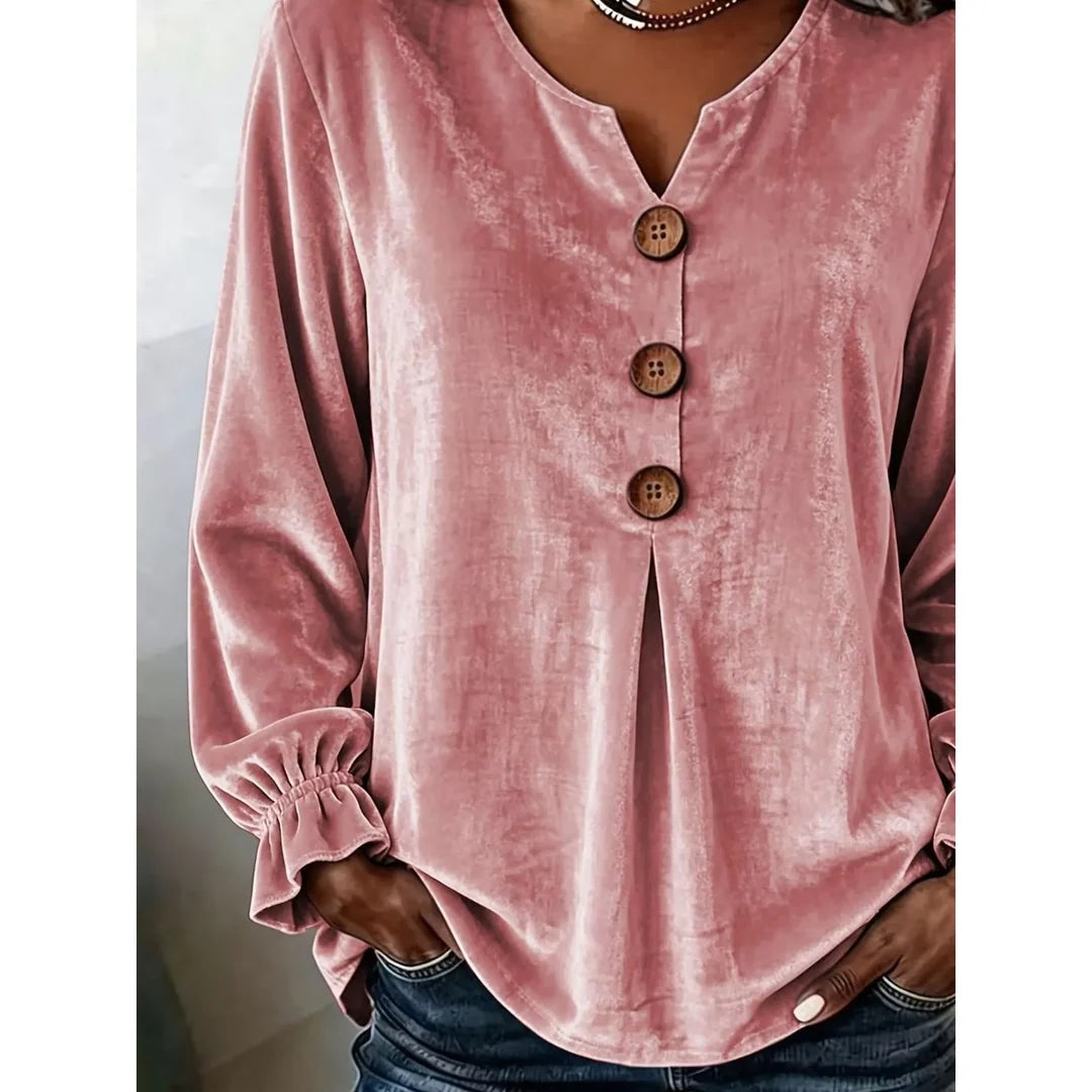 Women's velvet-touch button blouse with ruffled cuffs