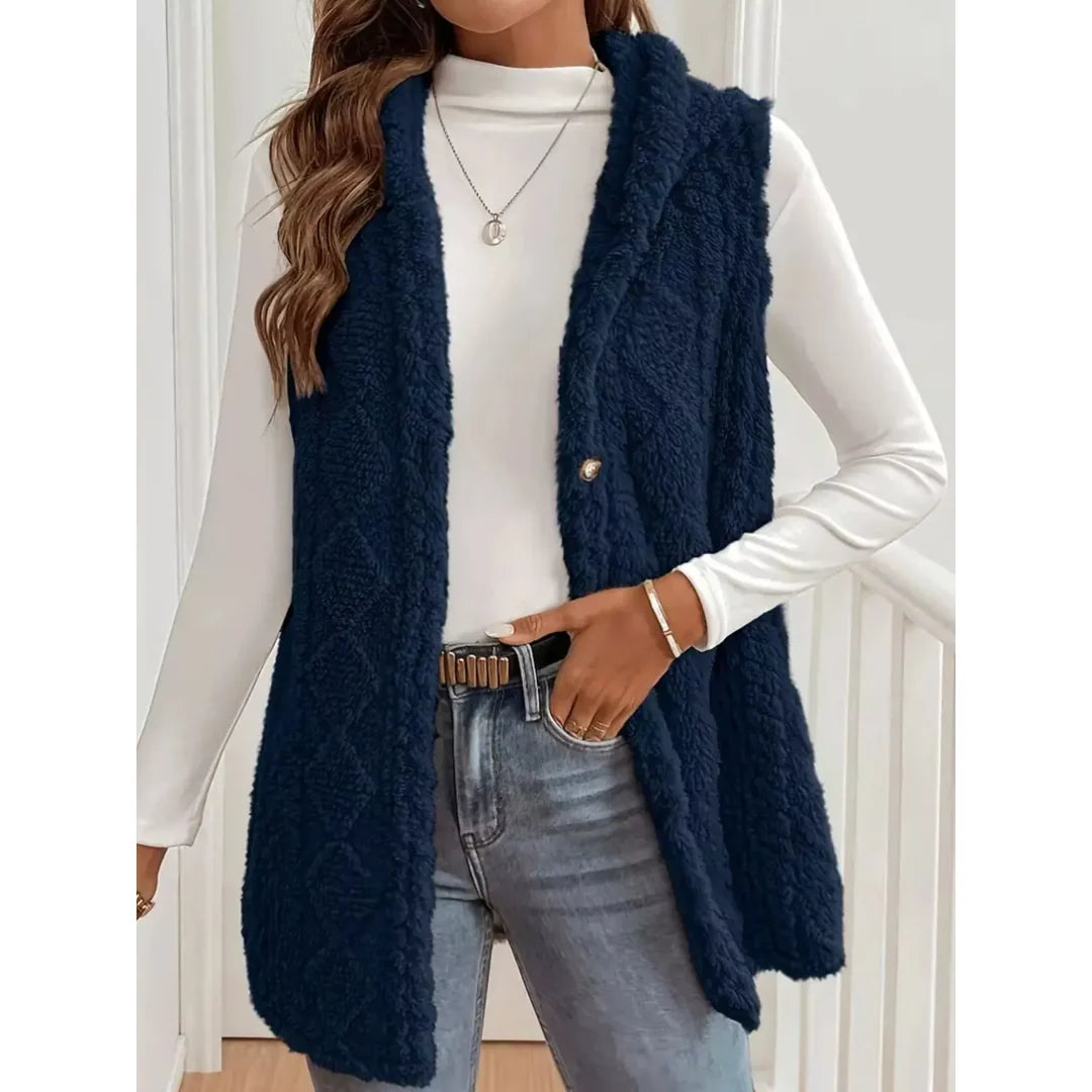 Women's hooded sherpa-look button-up gilet