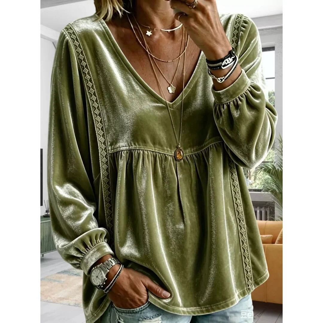 Women's velvet-touch lace detail V-neck blouse in olive