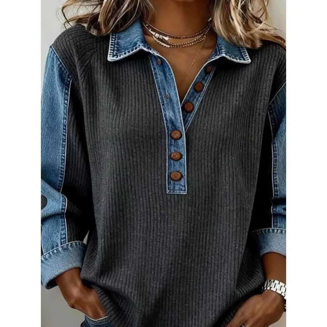 Women's button detail sweatshirt with denim-look trim