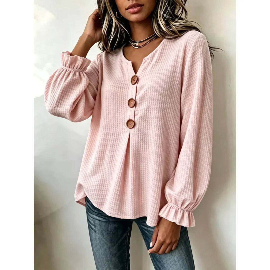 Women's waffle knit long sleeve top with ruffle detail
