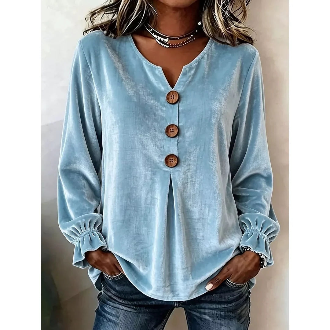 Women's velvet-touch button blouse with ruffled cuffs in light blue