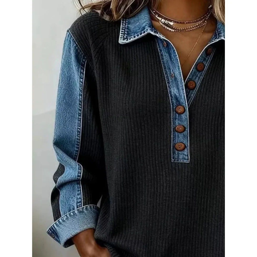 Women's button detail sweatshirt with denim-look trim