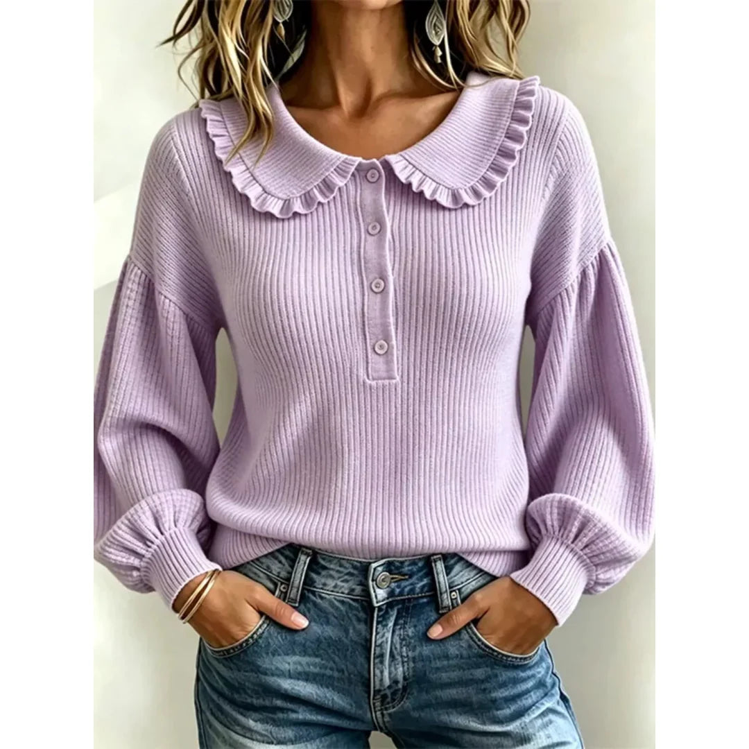 Women's ruffle collar ribbed knit jumper with button detail in lavender