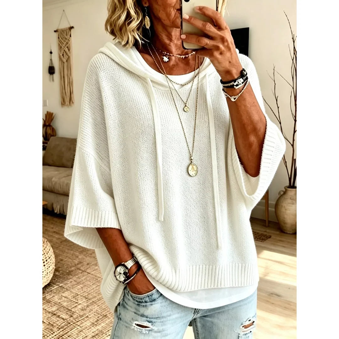 Women's hooded batwing sleeve knit jumper in white